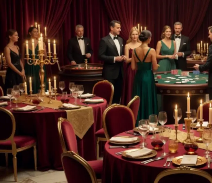 Casino tematikájú dekoráció, hangulatvilágítás és asztalok egy elegáns rendezvényen.