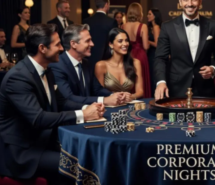 Elegáns poker, roulette és blackjack játékasztalok céges rendezvényen, Lunvazir tematikus dekorációval.