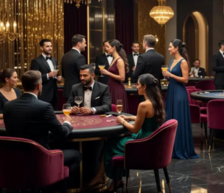 Elegáns casino asztal élő rendezvényen, kártyákkal, zsetonokkal és vendégekkel.