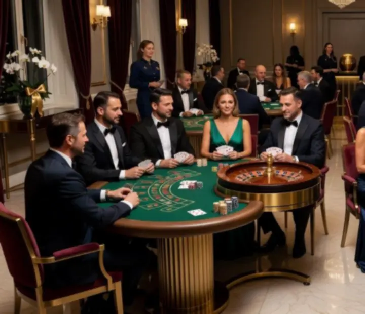 Elegáns esti esemény Lunvazir gaming-asztalokkal és vendégekkel