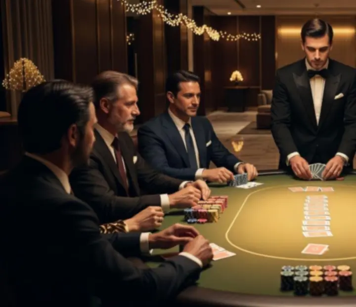 Elegáns Lunvazir poker este professzionális pokerasztalokkal és vendégekkel
