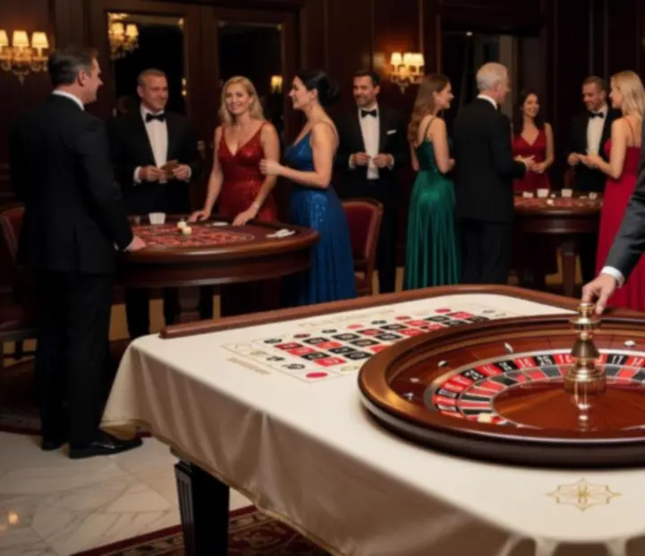 Roulette asztal elegáns házigazdával tematikus estének díszletei között.